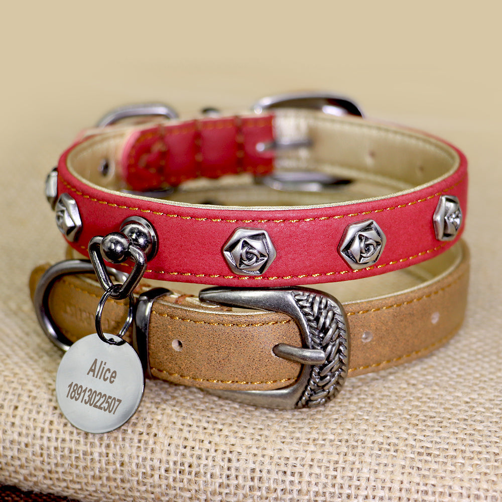 KFX-9417021 Elegant Leather Dog Collar with Custom Rose Nail Design for Small and Medium Breeds