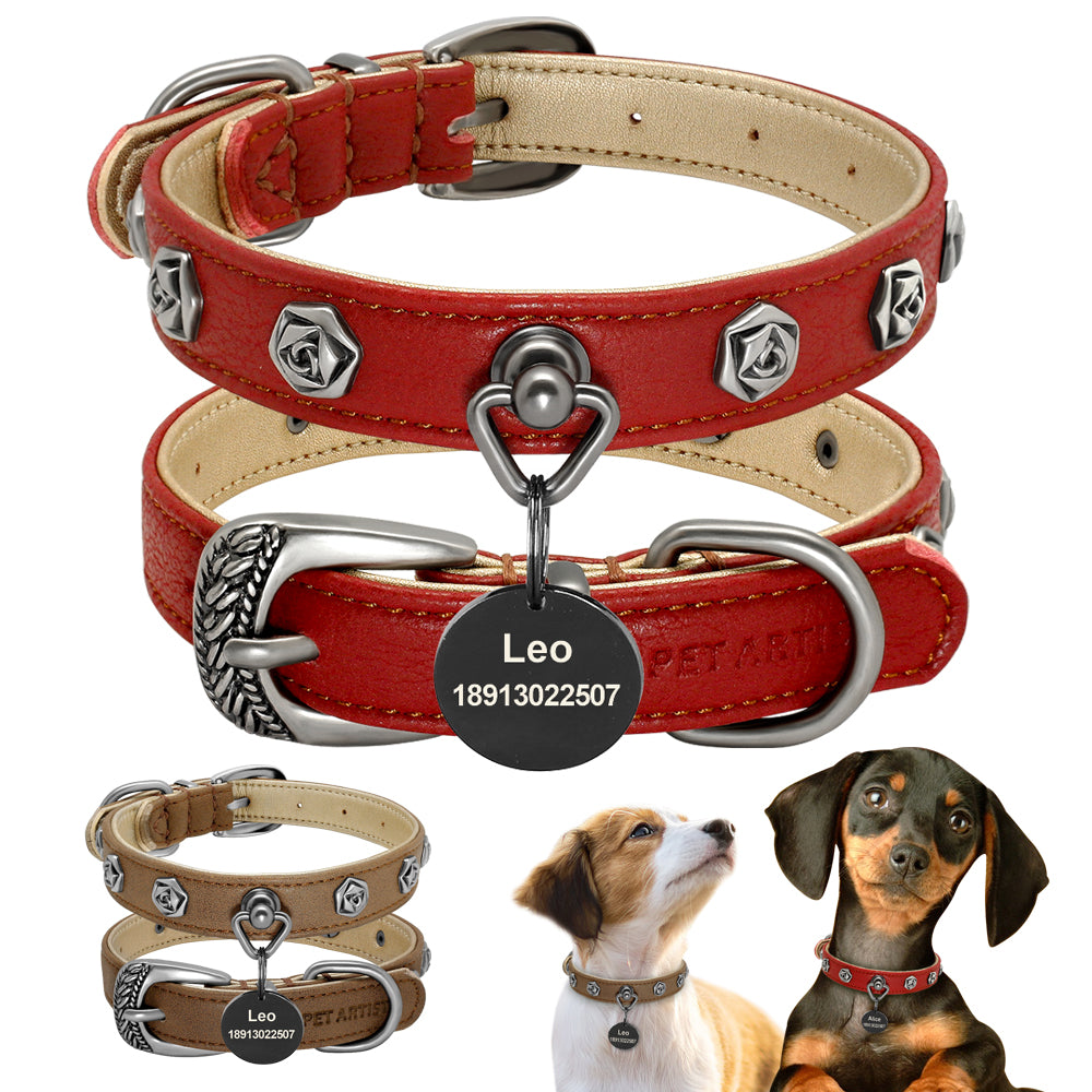 KFX-9417021 Elegant Leather Dog Collar with Custom Rose Nail Design for Small and Medium Breeds