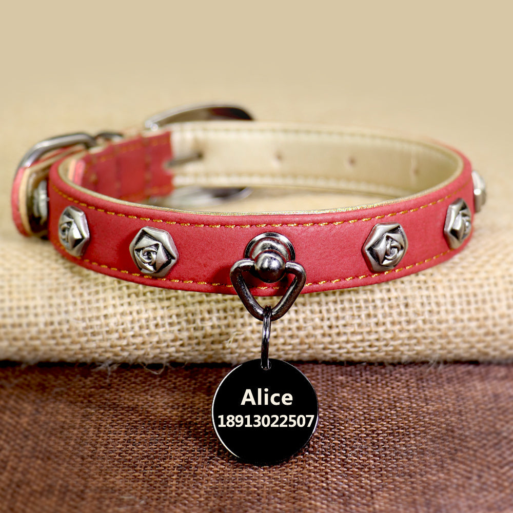 KFX-9417021 Elegant Leather Dog Collar with Custom Rose Nail Design for Small and Medium Breeds