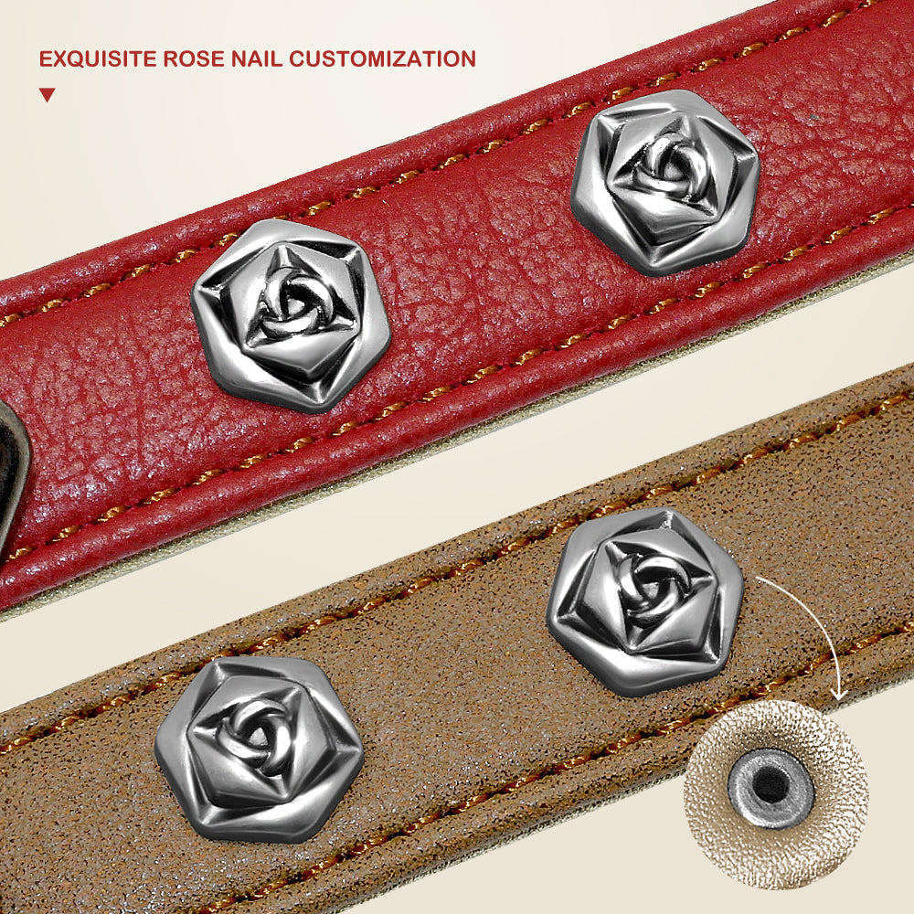 KFX-9417021 Elegant Leather Dog Collar with Custom Rose Nail Design for Small and Medium Breeds