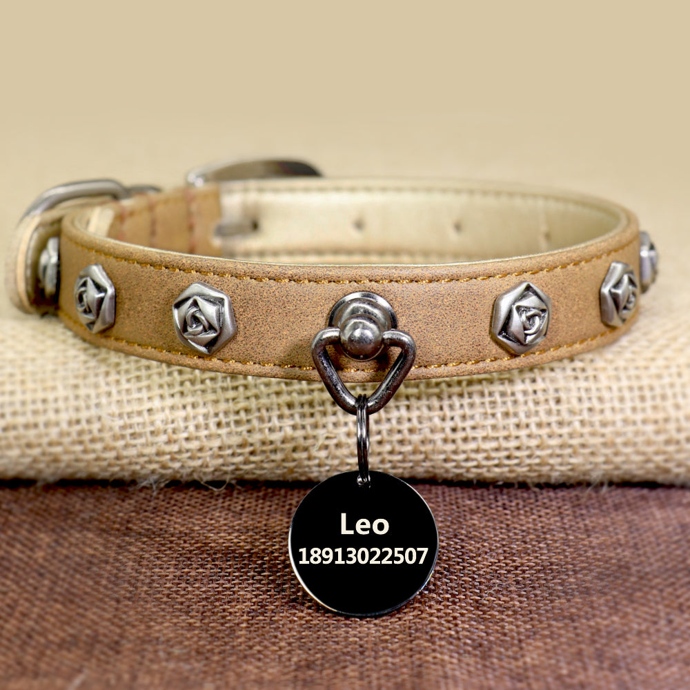 KFX-9417021 Elegant Leather Dog Collar with Custom Rose Nail Design for Small and Medium Breeds