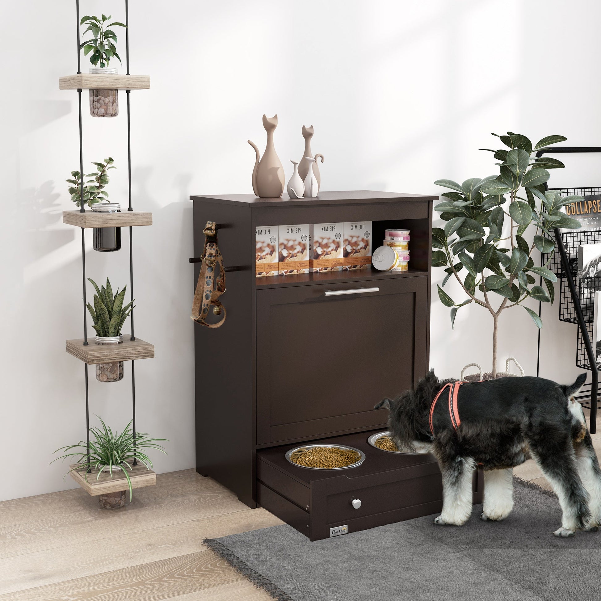 KFX-9417149 Pet Feeder Station with Storage Cabinet and Removable Bowls in White and Brown
