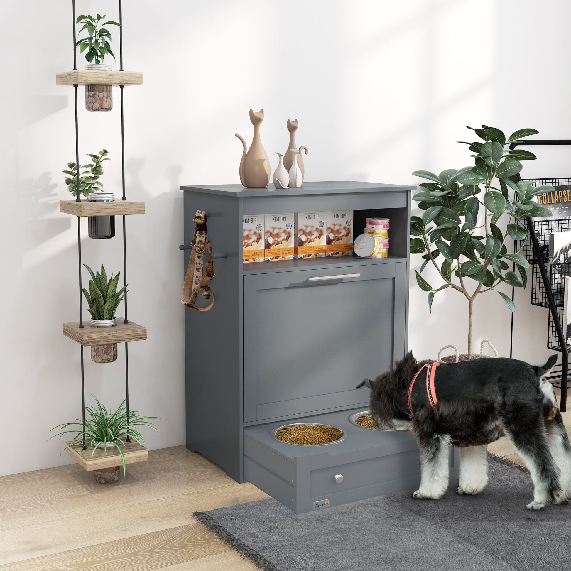 KFX-9417149 Pet Feeder Station with Storage Cabinet and Removable Bowls in White and Brown