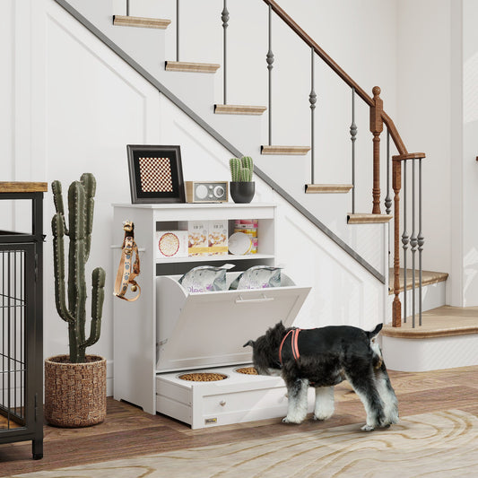 KFX-9417149 Pet Feeder Station with Storage Cabinet and Removable Bowls in White and Brown