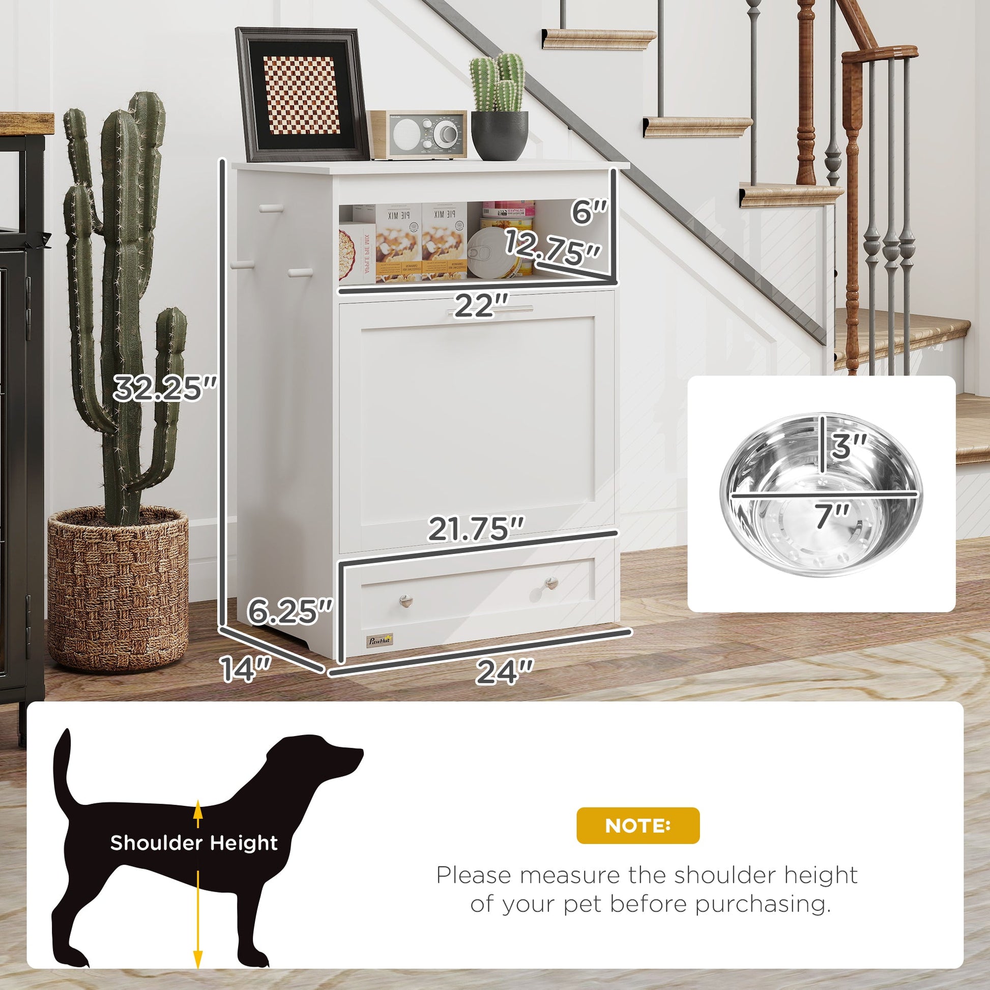 KFX-9417149 Pet Feeder Station with Storage Cabinet and Removable Bowls in White and Brown