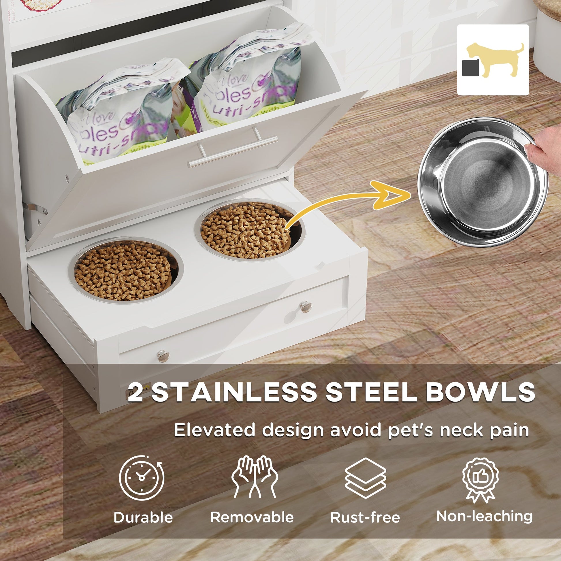 KFX-9417149 Pet Feeder Station with Storage Cabinet and Removable Bowls in White and Brown