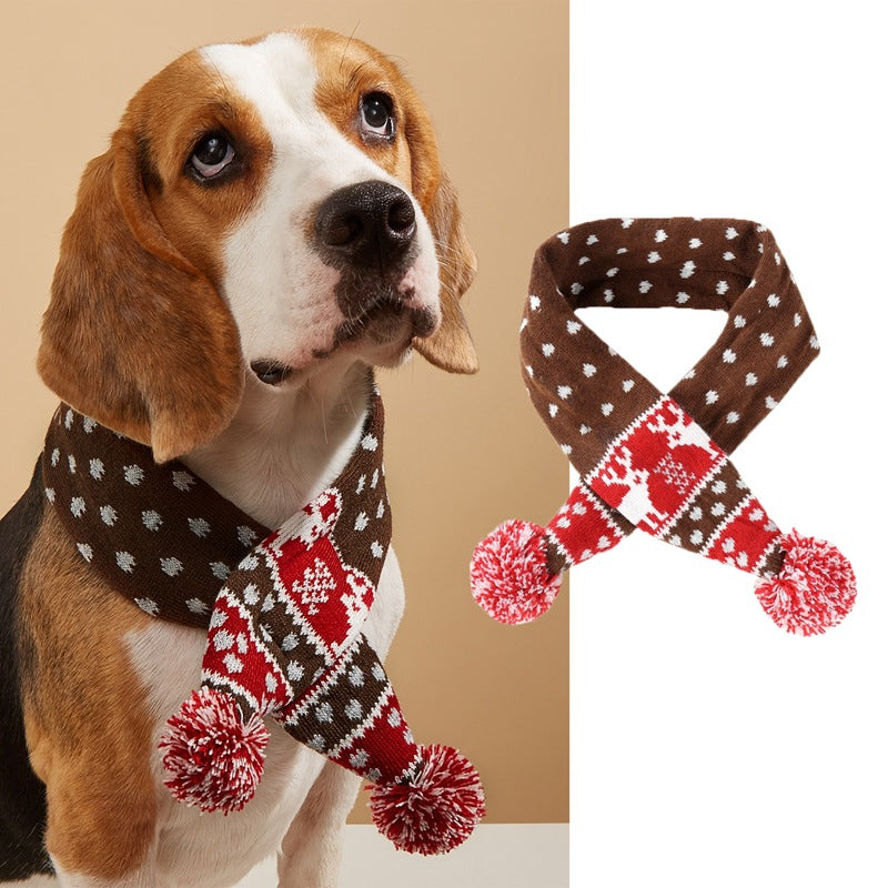 KFX-9418557 Cozy Red and Gray Christmas Pet Scarf with Stripes and Snowflake Fur Ball
