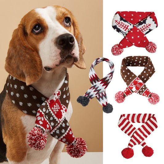 KFX-9418557 Cozy Red and Gray Christmas Pet Scarf with Stripes and Snowflake Fur Ball