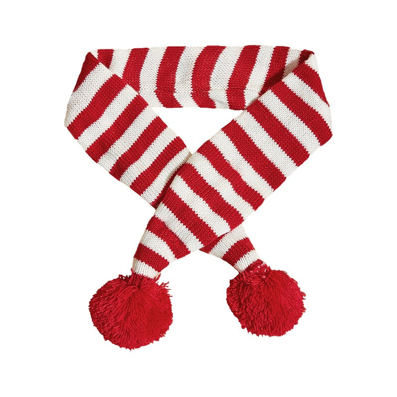 KFX-9418557 Cozy Red and Gray Christmas Pet Scarf with Stripes and Snowflake Fur Ball