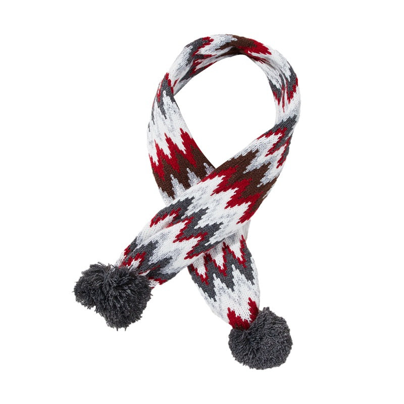 KFX-9418557 Cozy Red and Gray Christmas Pet Scarf with Stripes and Snowflake Fur Ball