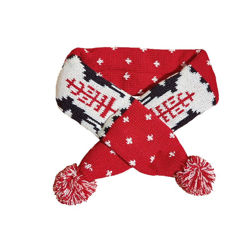 KFX-9418557 Cozy Red and Gray Christmas Pet Scarf with Stripes and Snowflake Fur Ball