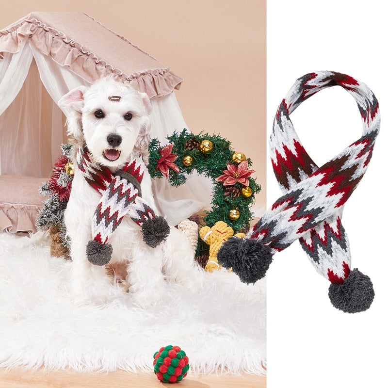 KFX-9418557 Cozy Red and Gray Christmas Pet Scarf with Stripes and Snowflake Fur Ball