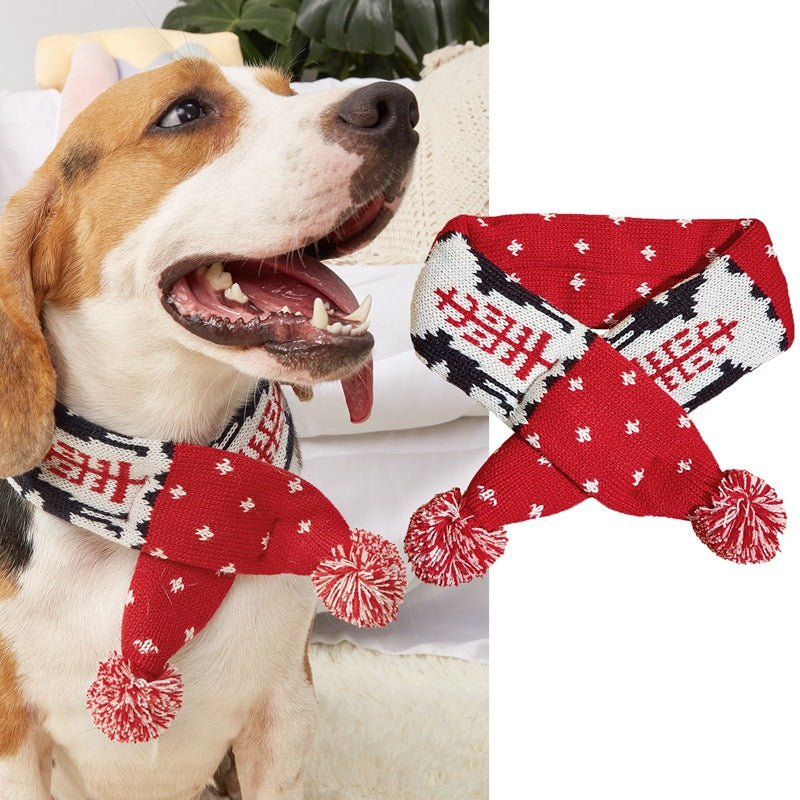 KFX-9418557 Cozy Red and Gray Christmas Pet Scarf with Stripes and Snowflake Fur Ball
