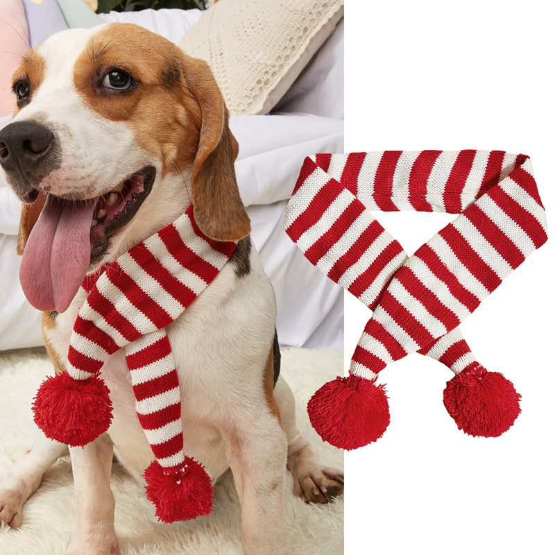 KFX-9418557 Cozy Red and Gray Christmas Pet Scarf with Stripes and Snowflake Fur Ball