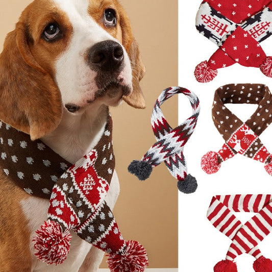 KFX-9418557 Cozy Red and Gray Christmas Pet Scarf with Stripes and Snowflake Fur Ball