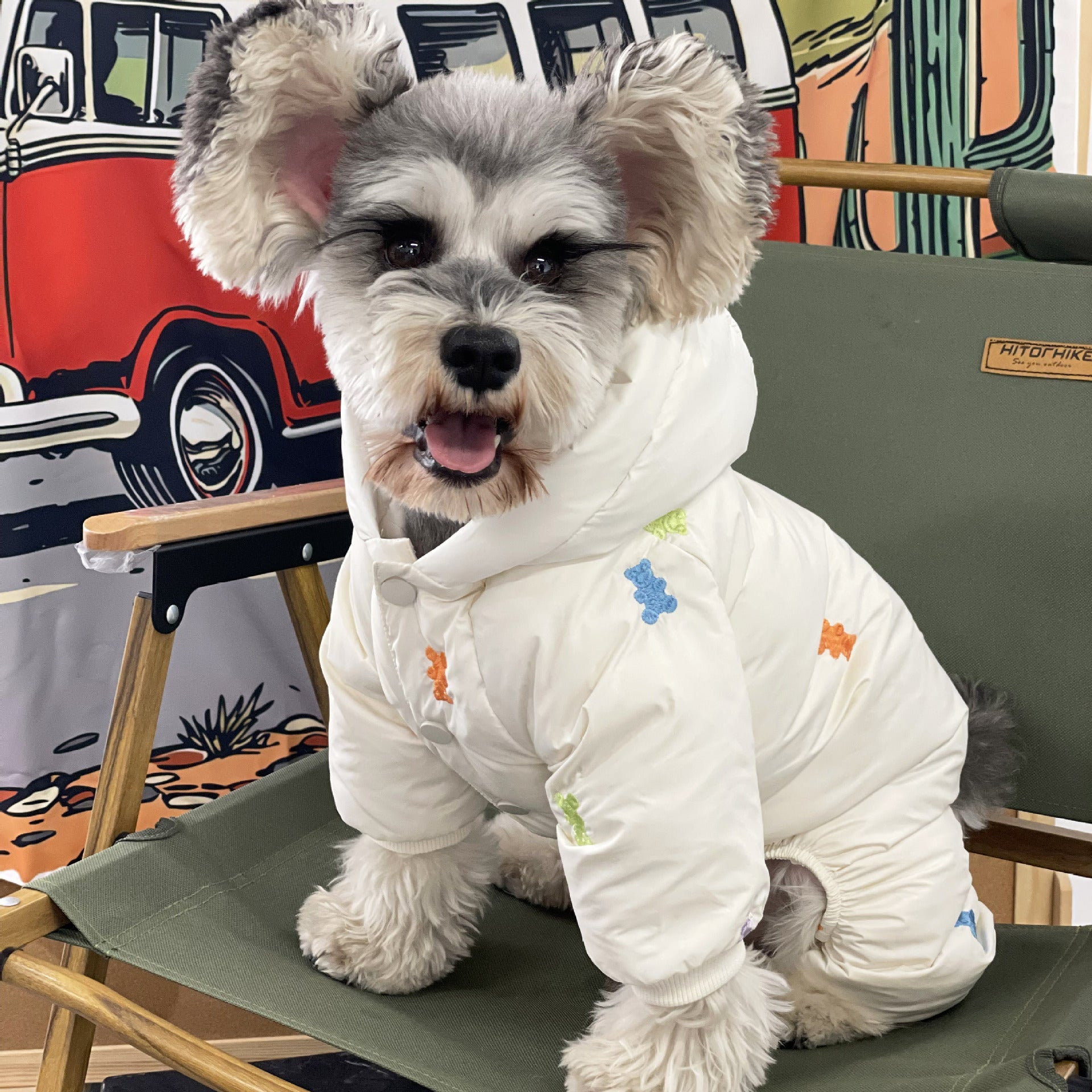 KFX-9421501 Thickened Warm Hooded Jacket for Dogs - Casual Four Feet Design in Beige and Navy Blue