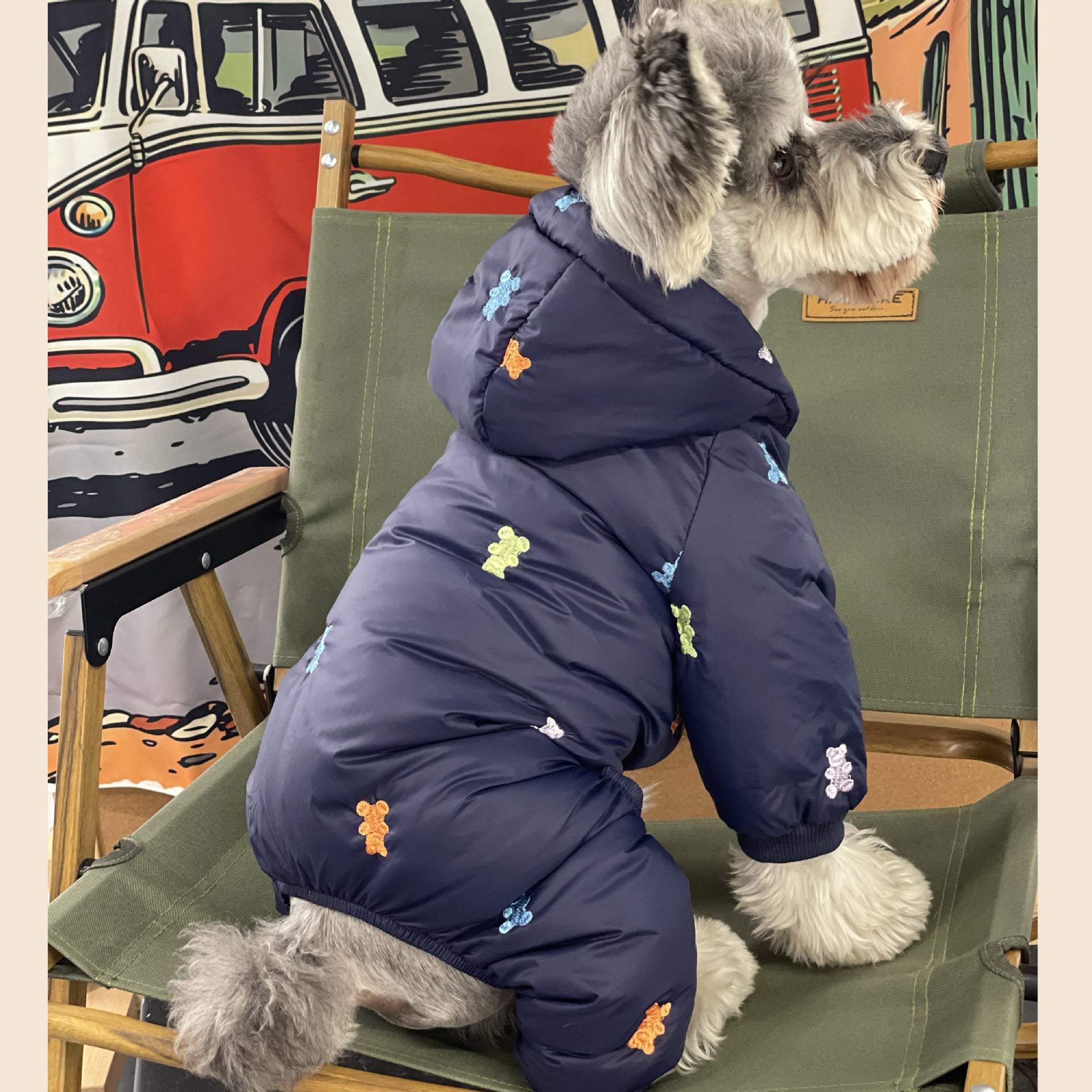 KFX-9421501 Thickened Warm Hooded Jacket for Dogs - Casual Four Feet Design in Beige and Navy Blue
