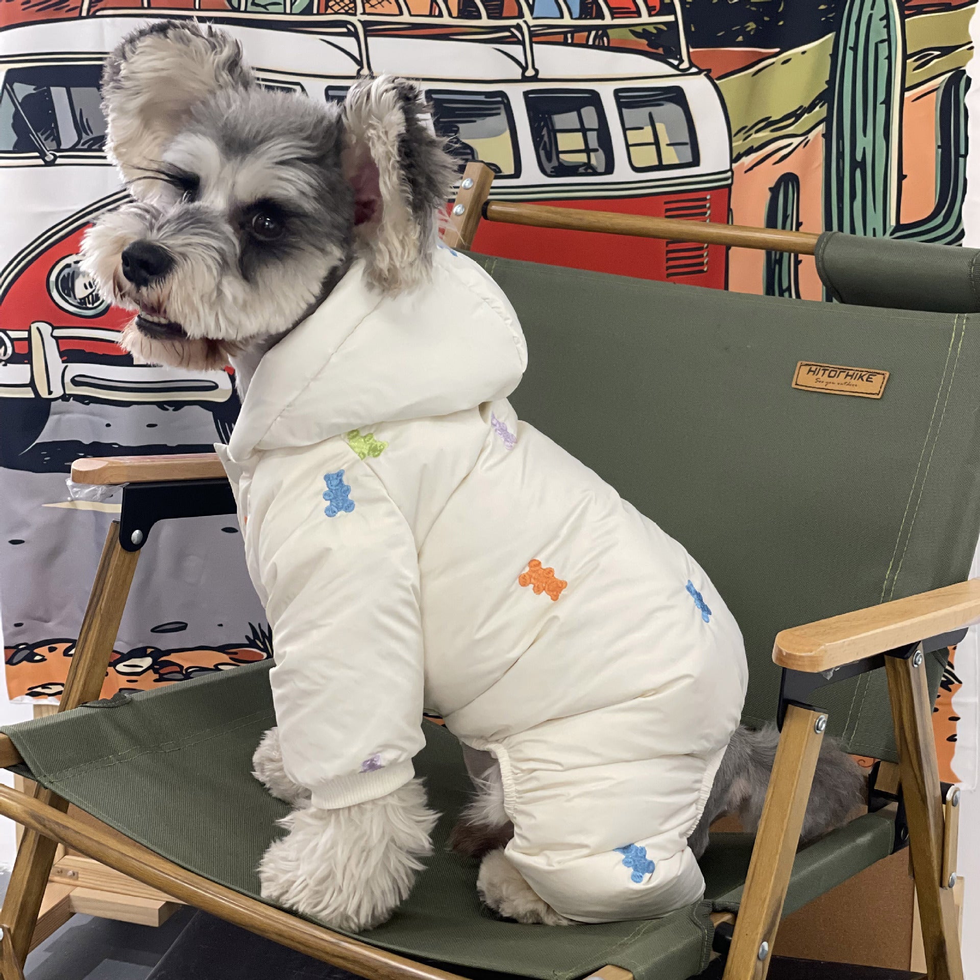 KFX-9421501 Thickened Warm Hooded Jacket for Dogs - Casual Four Feet Design in Beige and Navy Blue
