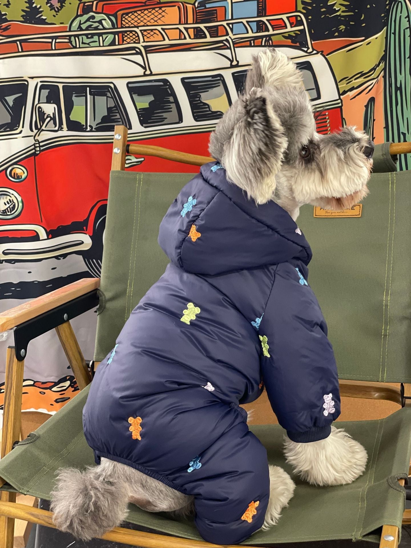 KFX-9421501 Thickened Warm Hooded Jacket for Dogs - Casual Four Feet Design in Beige and Navy Blue