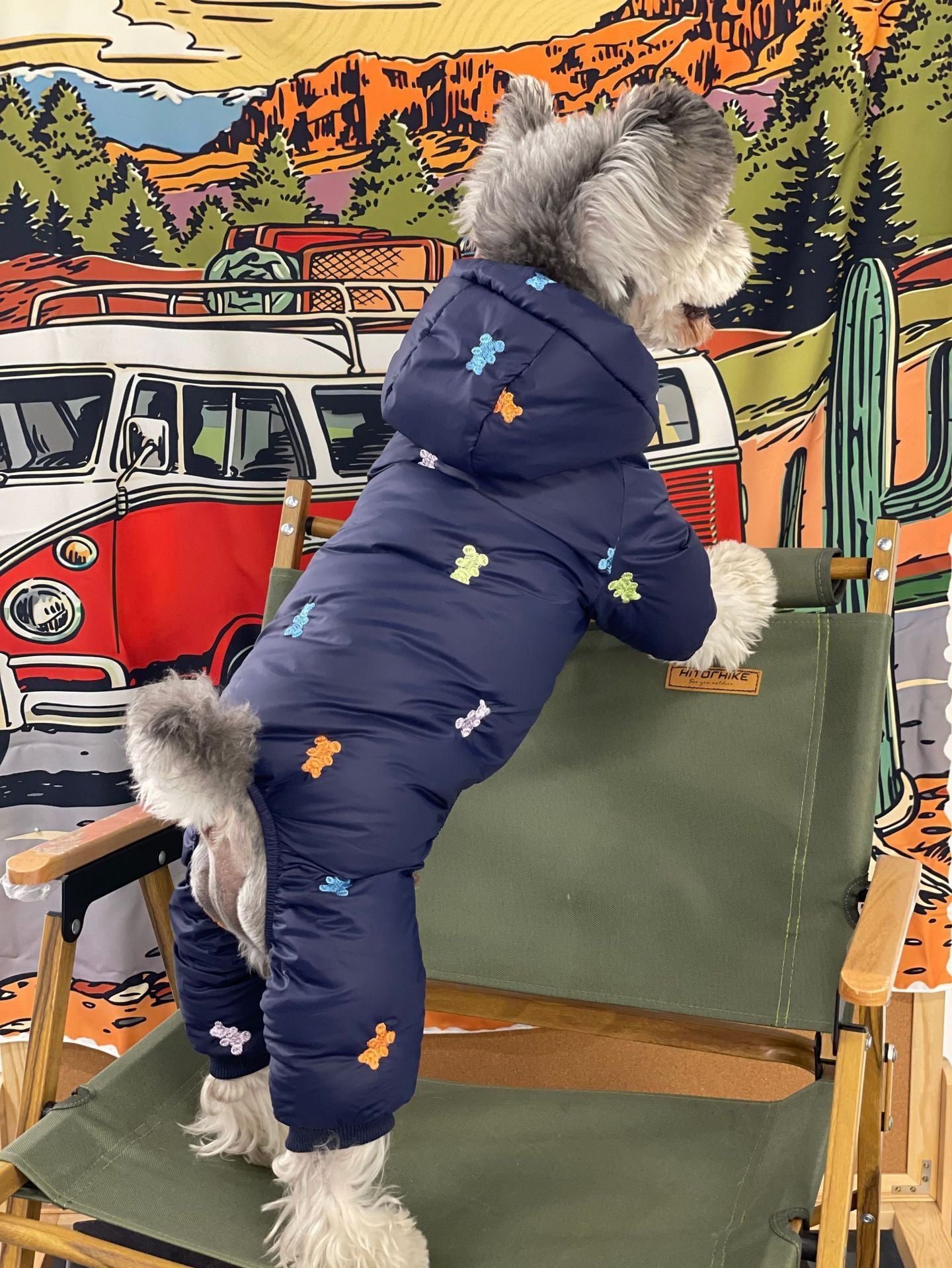 KFX-9421501 Thickened Warm Hooded Jacket for Dogs - Casual Four Feet Design in Beige and Navy Blue