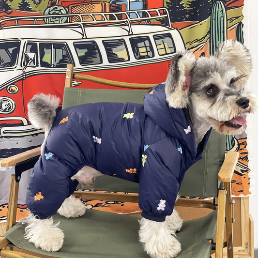KFX-9421501 Thickened Warm Hooded Jacket for Dogs - Casual Four Feet Design in Beige and Navy Blue