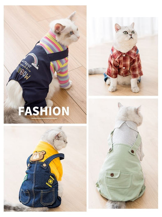 KFX-9425085 Cozy Ribbed Knitted Denim Overall for Cats - Cute Autumn and Winter Wear