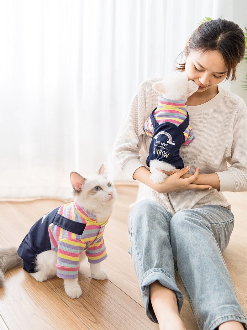 KFX-9425085 Cozy Ribbed Knitted Denim Overall for Cats - Cute Autumn and Winter Wear