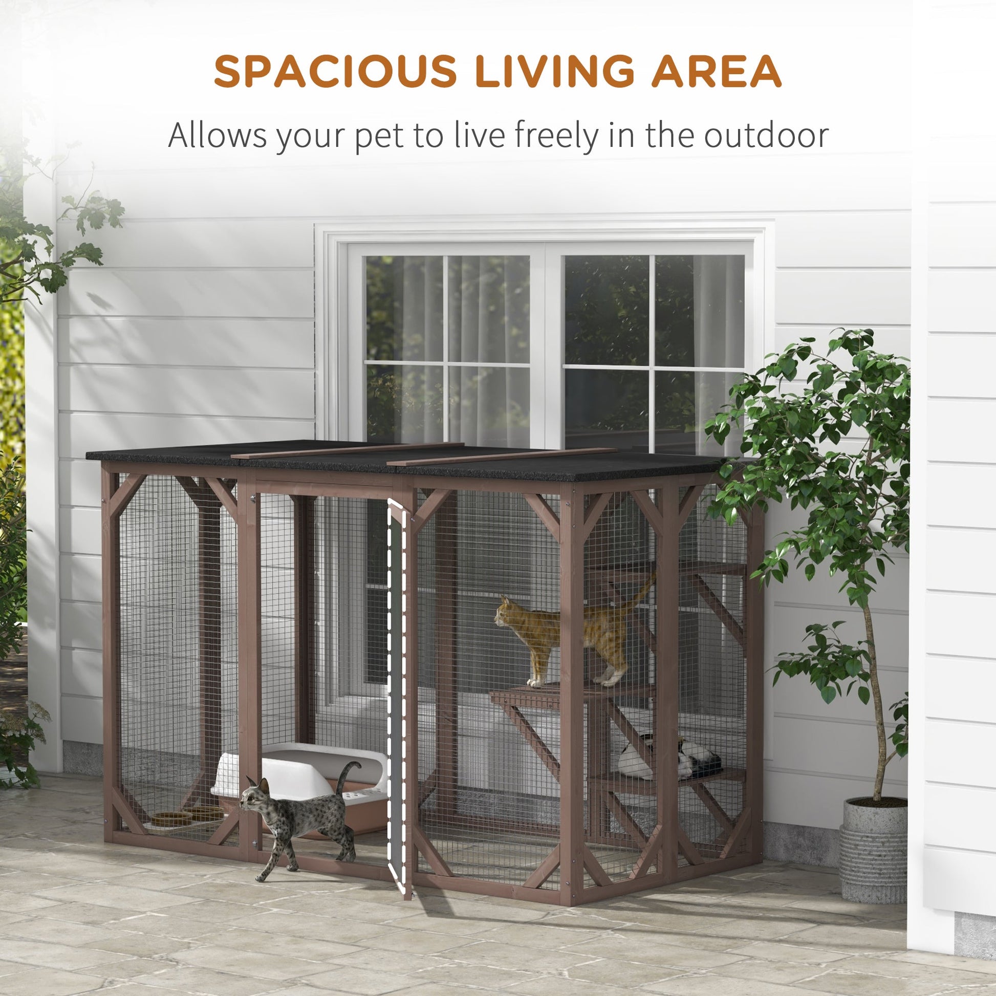 KFX-9426749 Wooden Cat House with Waterproof Asphalt Roof, Large Outdoor Catio for Feral Cats, Multi-Tiered Platforms
