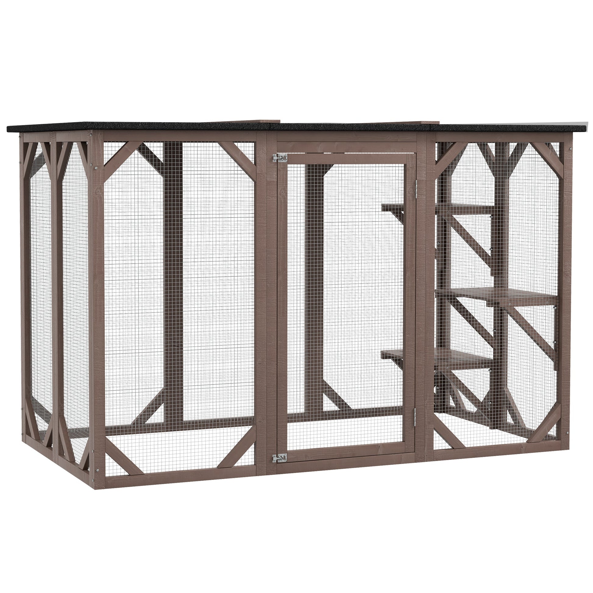 KFX-9426749 Wooden Cat House with Waterproof Asphalt Roof, Large Outdoor Catio for Feral Cats, Multi-Tiered Platforms