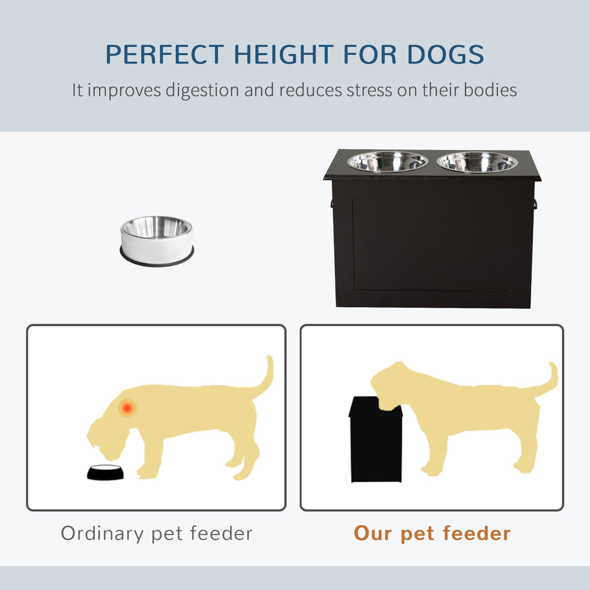 KFX-9426877 Raised Pet Feeding Station with Storage and 2 Stainless Steel Bowls for Large Dogs - Coffee Finish