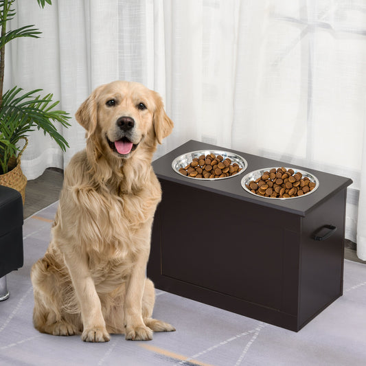 KFX-9426877 Raised Pet Feeding Station with Storage and 2 Stainless Steel Bowls for Large Dogs - Coffee Finish