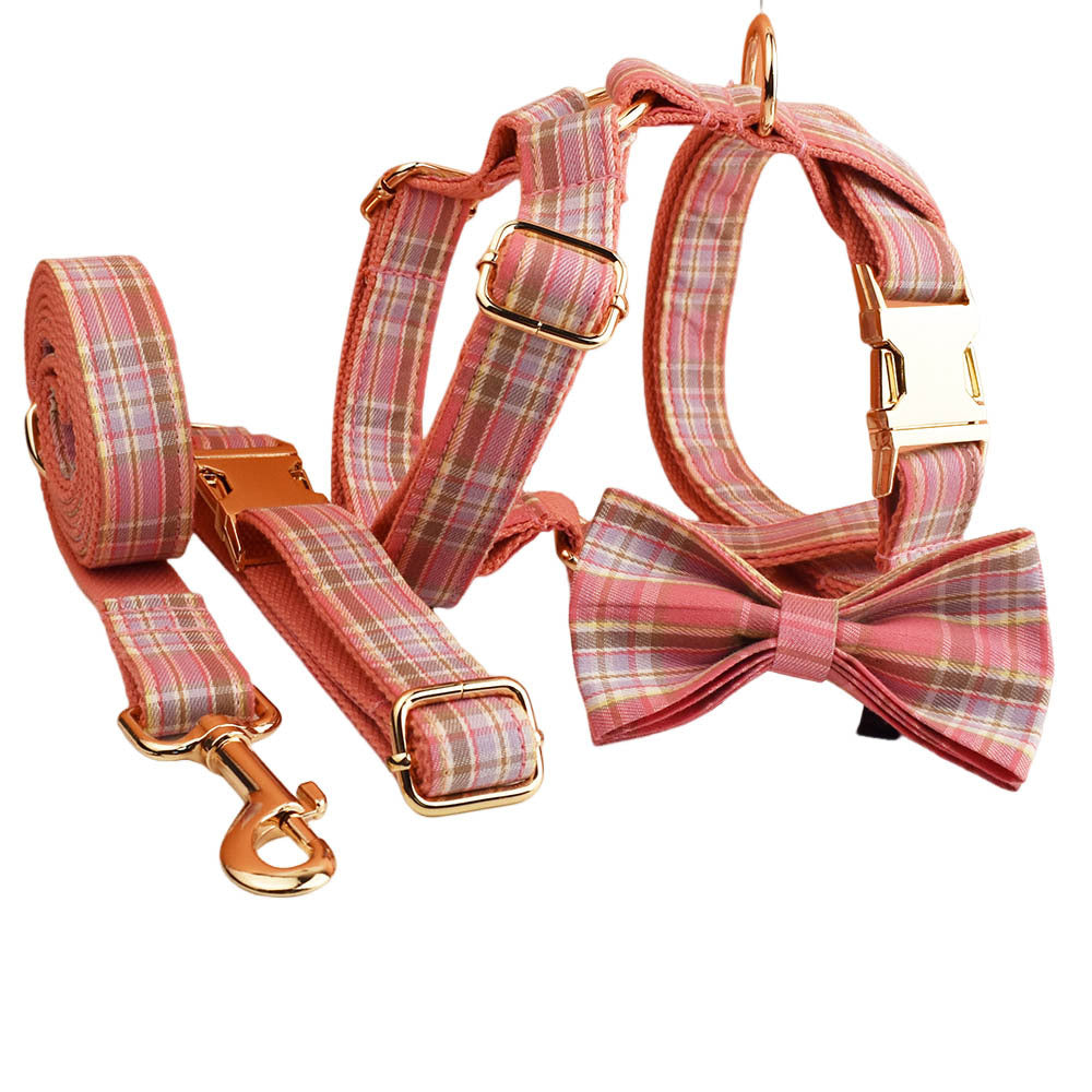 KFX-9428157 Plaid Pet Collar and Leash Set with Bow - Four-Piece Accessory Bundle for Dogs