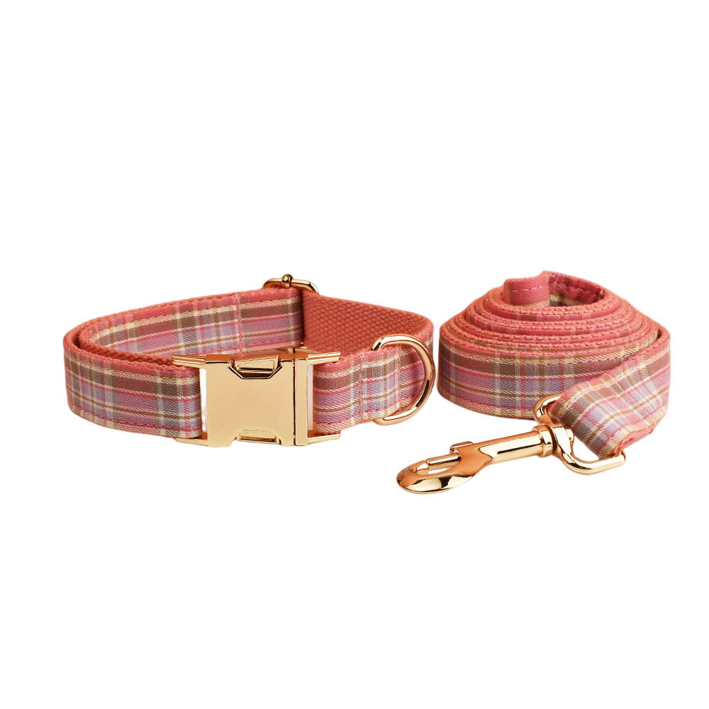 KFX-9428157 Plaid Pet Collar and Leash Set with Bow - Four-Piece Accessory Bundle for Dogs