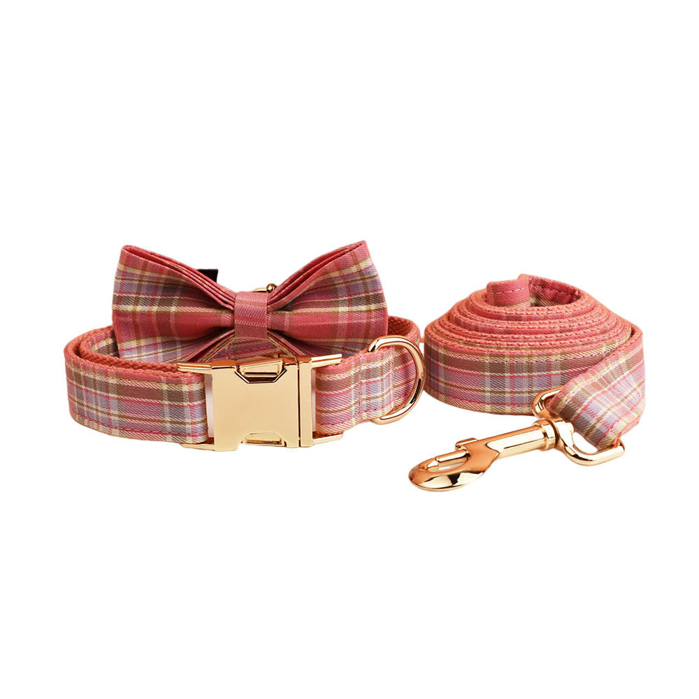 KFX-9428157 Plaid Pet Collar and Leash Set with Bow - Four-Piece Accessory Bundle for Dogs