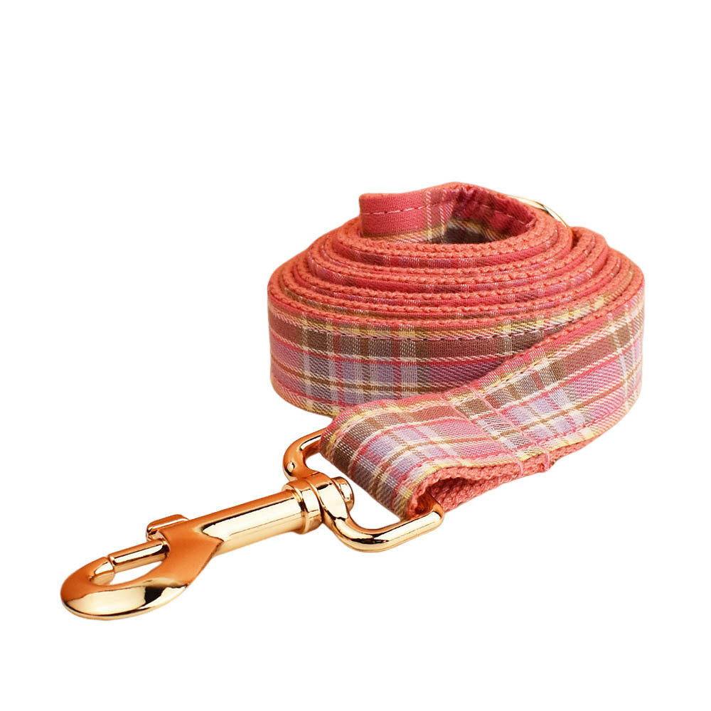 KFX-9428157 Plaid Pet Collar and Leash Set with Bow - Four-Piece Accessory Bundle for Dogs