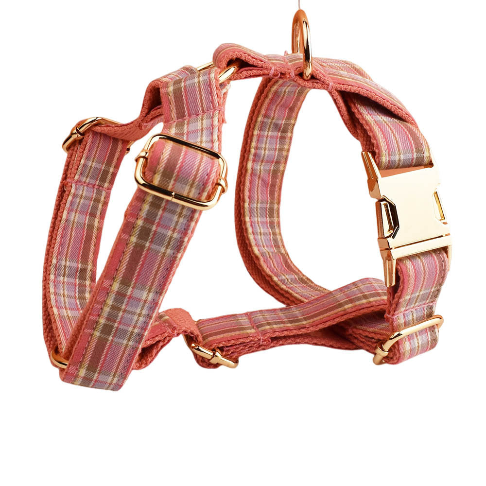 KFX-9428157 Plaid Pet Collar and Leash Set with Bow - Four-Piece Accessory Bundle for Dogs