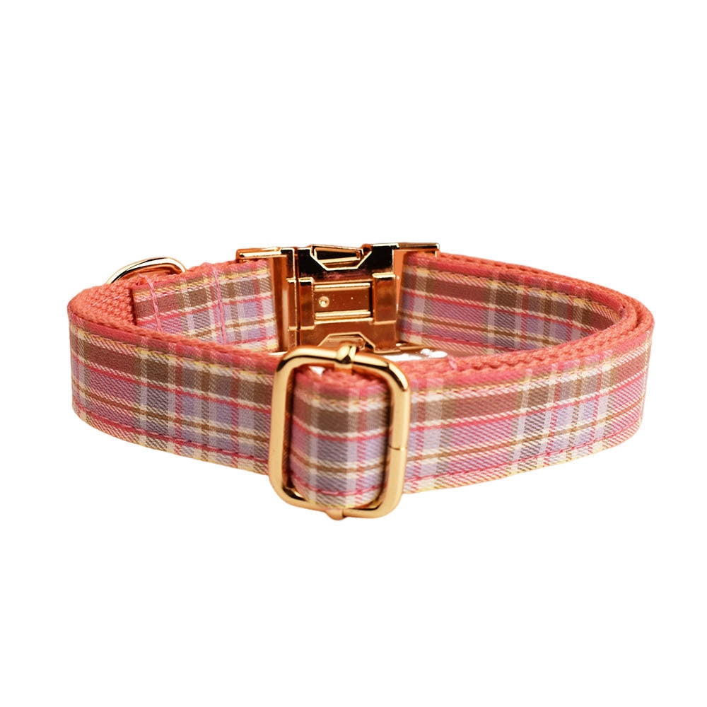 KFX-9428157 Plaid Pet Collar and Leash Set with Bow - Four-Piece Accessory Bundle for Dogs