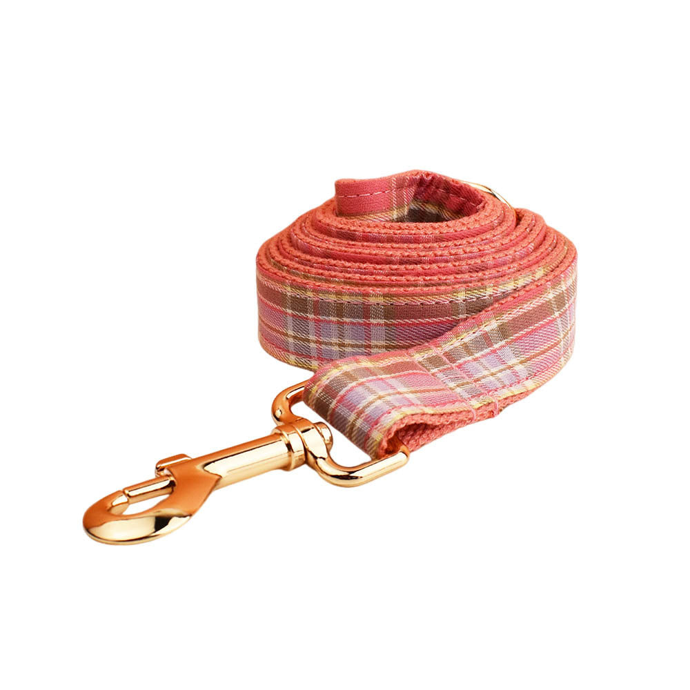 KFX-9428157 Plaid Pet Collar and Leash Set with Bow - Four-Piece Accessory Bundle for Dogs