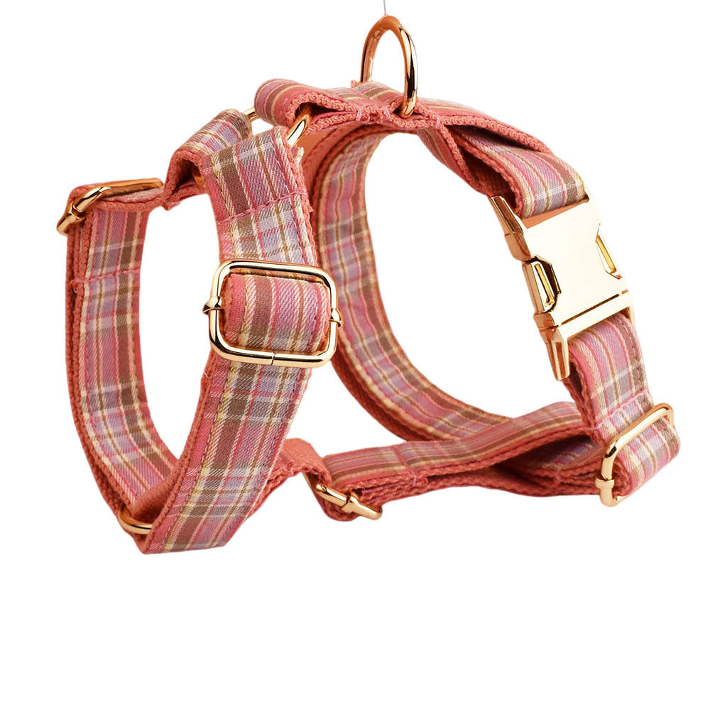 KFX-9428157 Plaid Pet Collar and Leash Set with Bow - Four-Piece Accessory Bundle for Dogs
