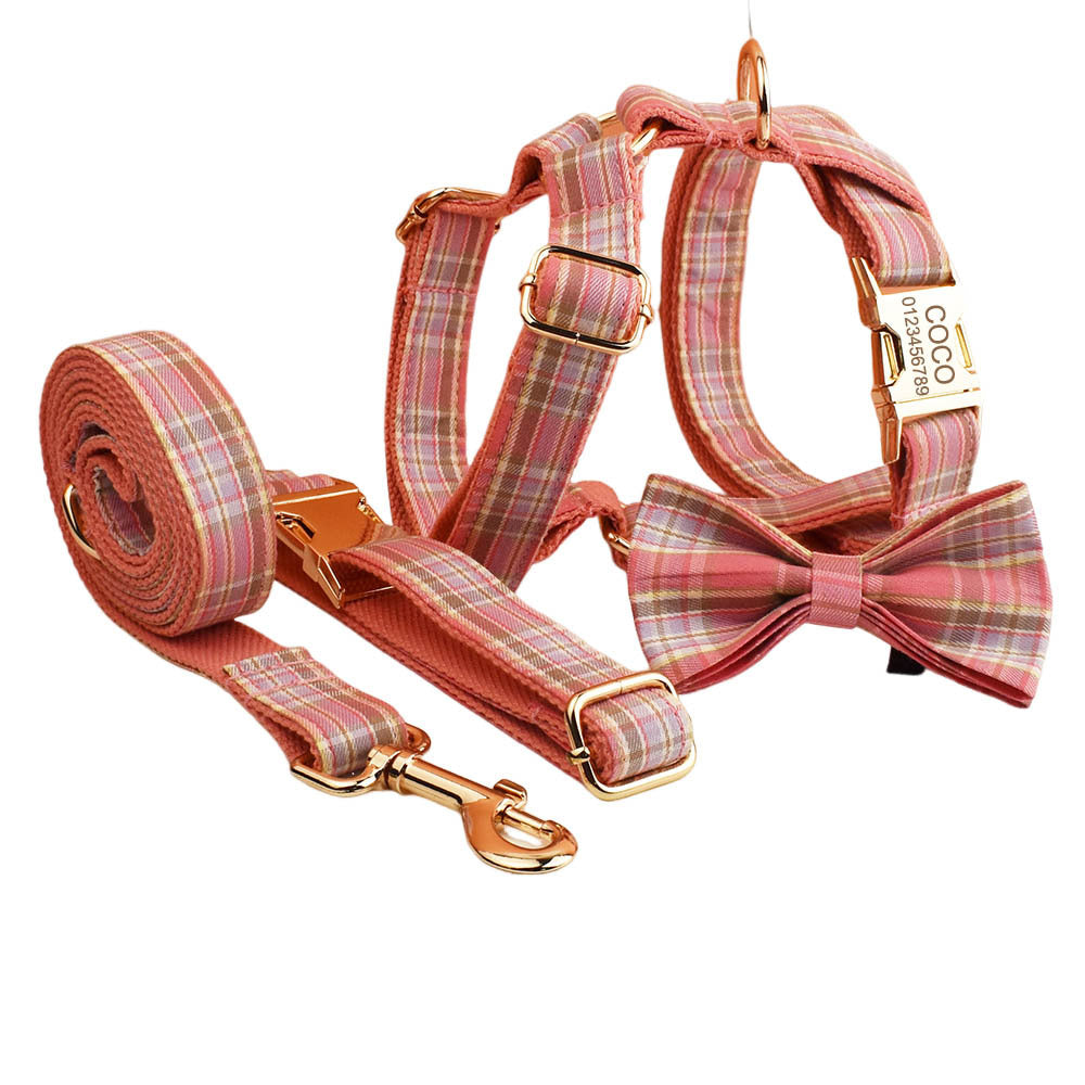 KFX-9428157 Plaid Pet Collar and Leash Set with Bow - Four-Piece Accessory Bundle for Dogs