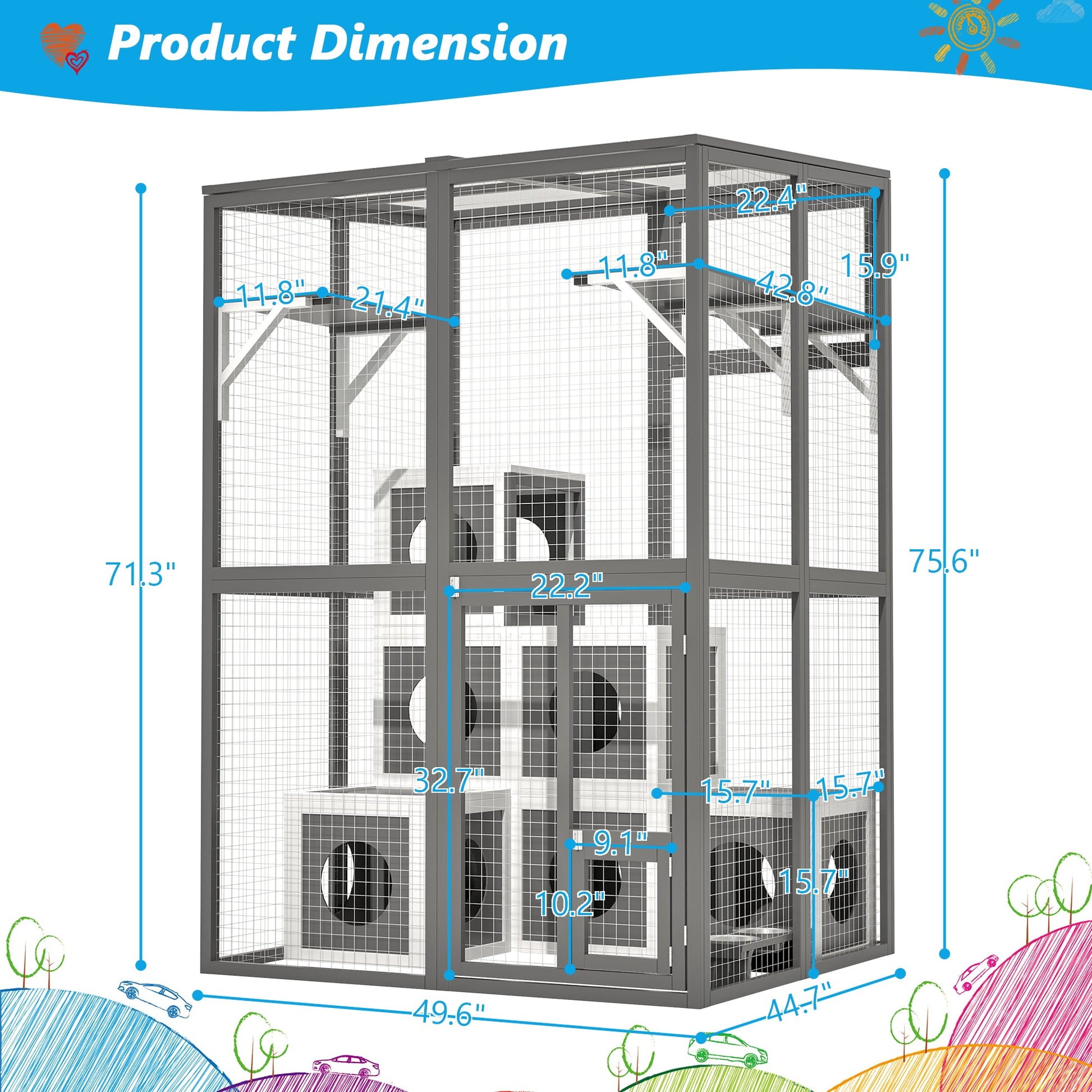 KFX-9430333 Large Outdoor Wooden Cat Catio with Dual Jumping Platforms and Multiple Napping Houses, Weatherproof Walk-in Cat Shelter