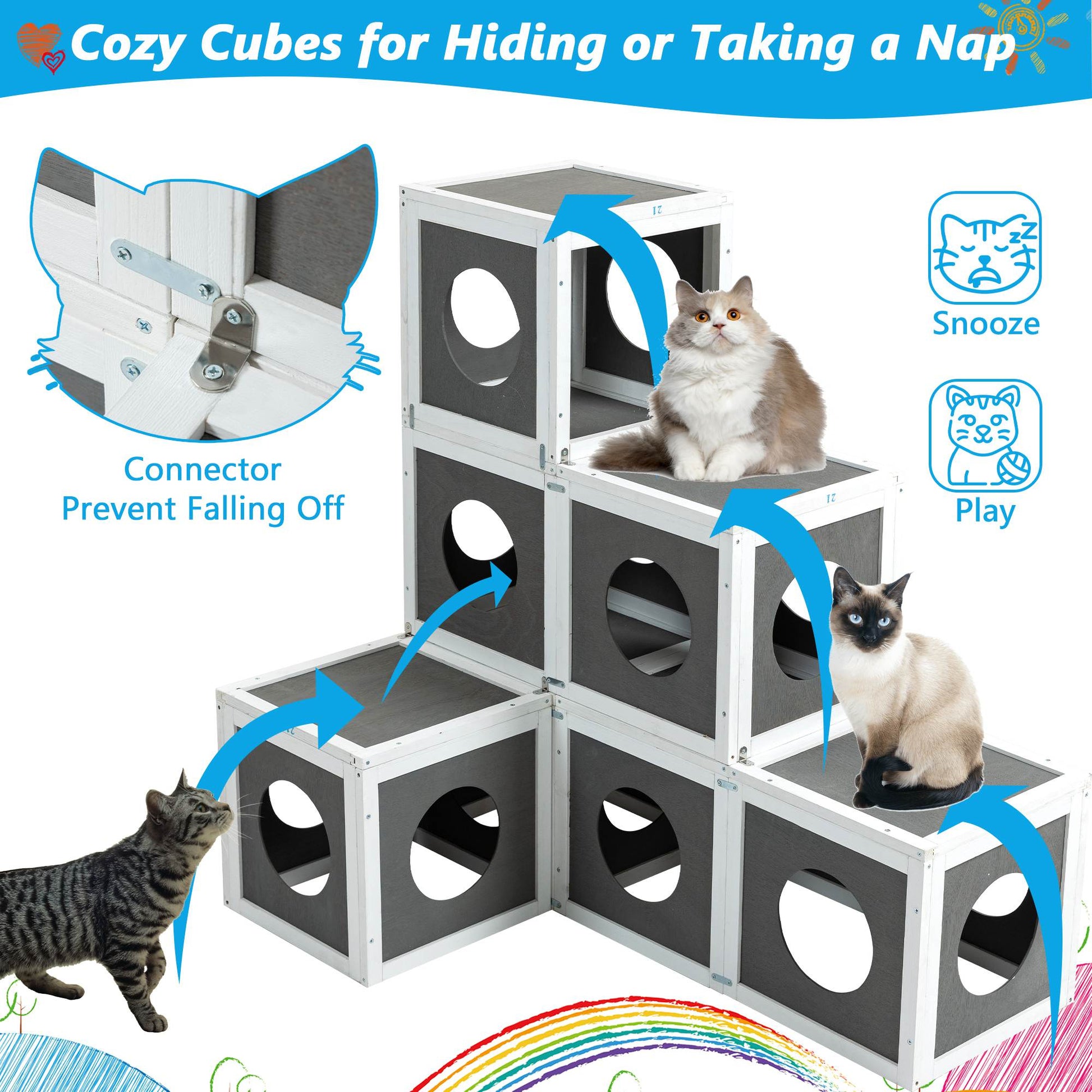 KFX-9430333 Large Outdoor Wooden Cat Catio with Dual Jumping Platforms and Multiple Napping Houses, Weatherproof Walk-in Cat Shelter