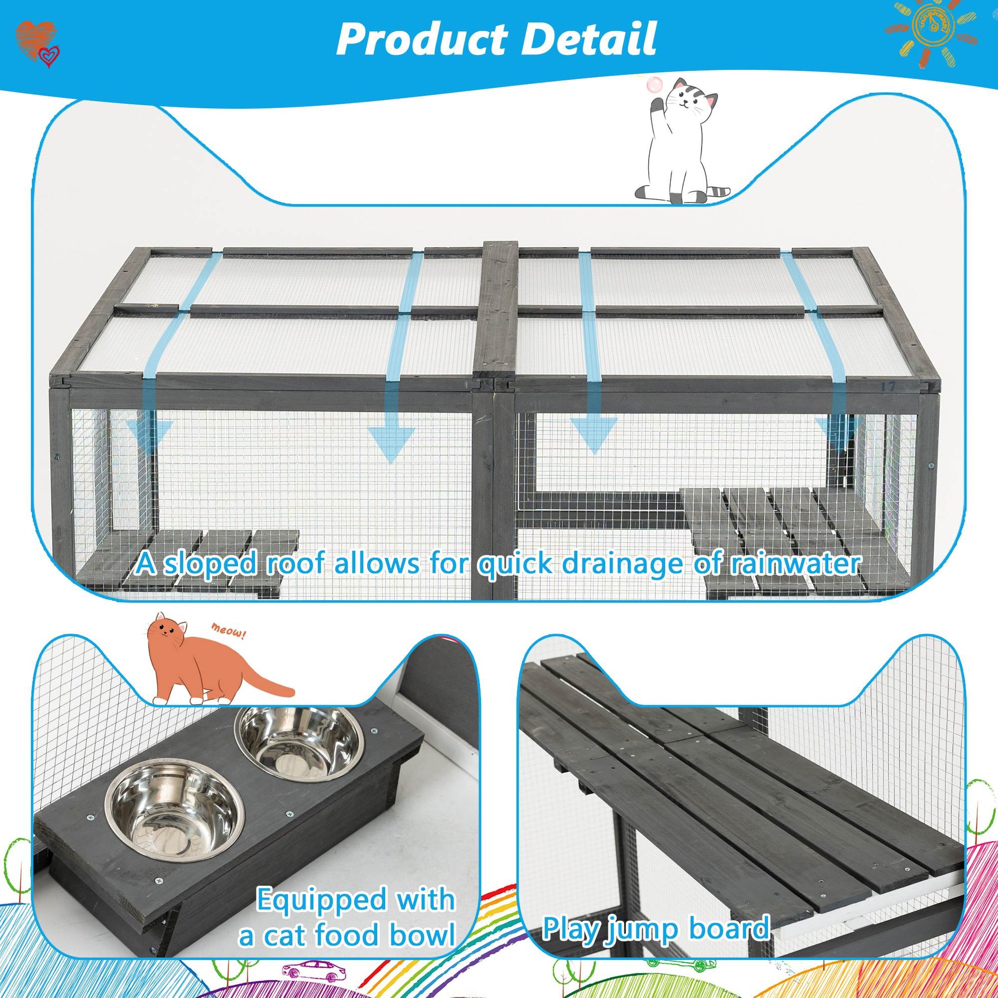KFX-9430333 Large Outdoor Wooden Cat Catio with Dual Jumping Platforms and Multiple Napping Houses, Weatherproof Walk-in Cat Shelter