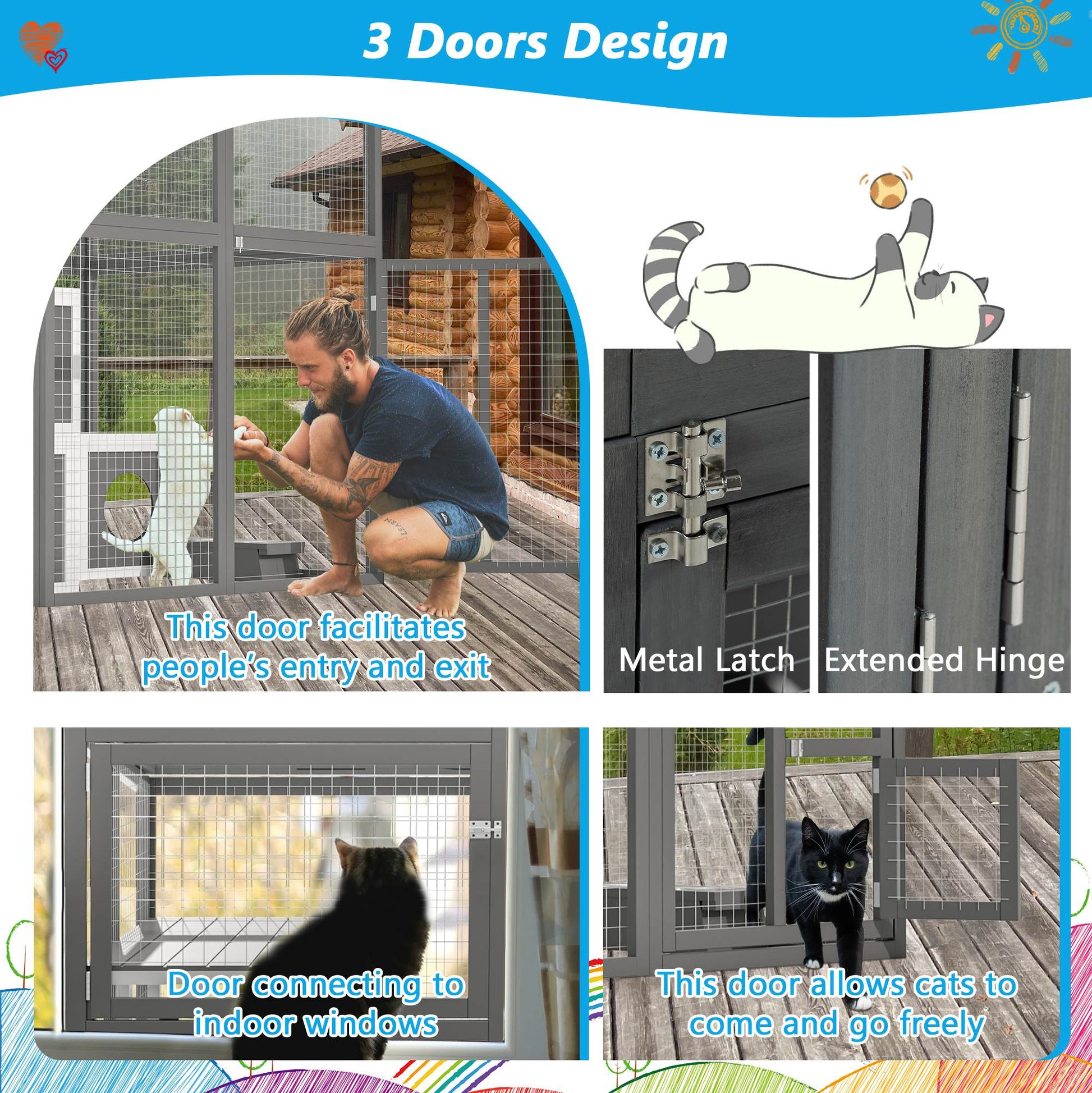 KFX-9430333 Large Outdoor Wooden Cat Catio with Dual Jumping Platforms and Multiple Napping Houses, Weatherproof Walk-in Cat Shelter