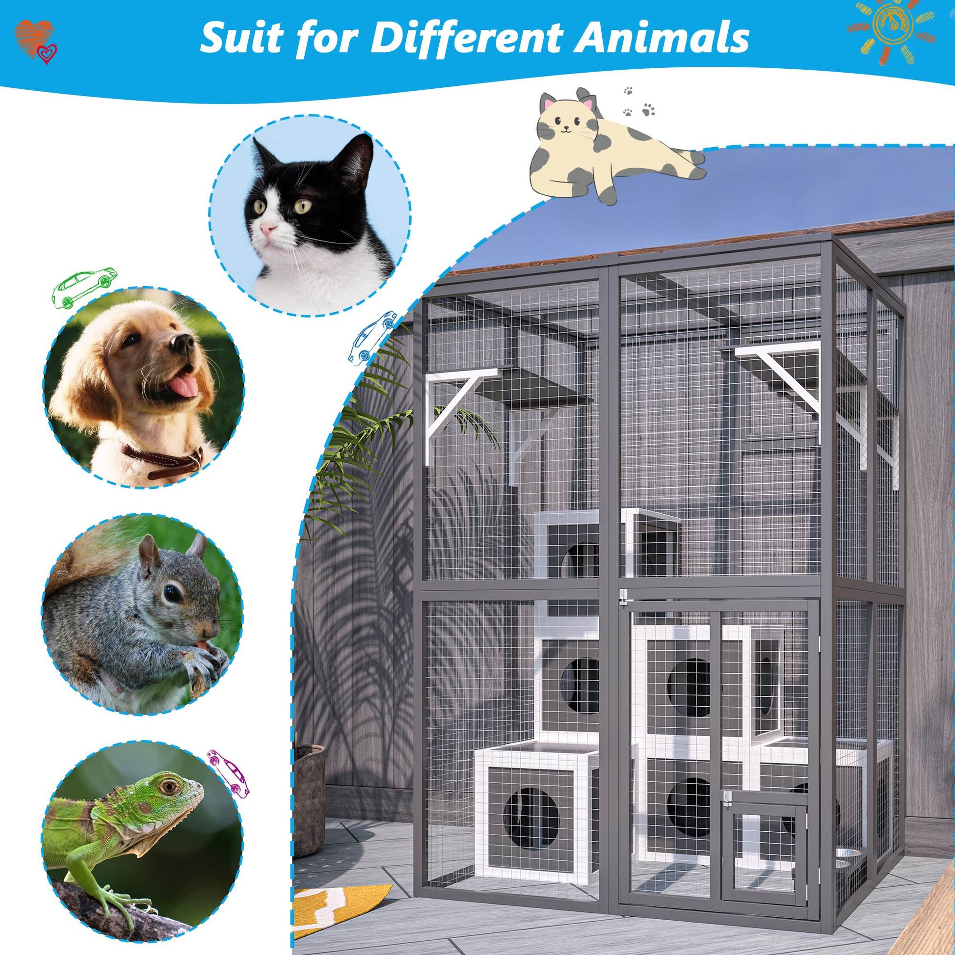 KFX-9430333 Large Outdoor Wooden Cat Catio with Dual Jumping Platforms and Multiple Napping Houses, Weatherproof Walk-in Cat Shelter