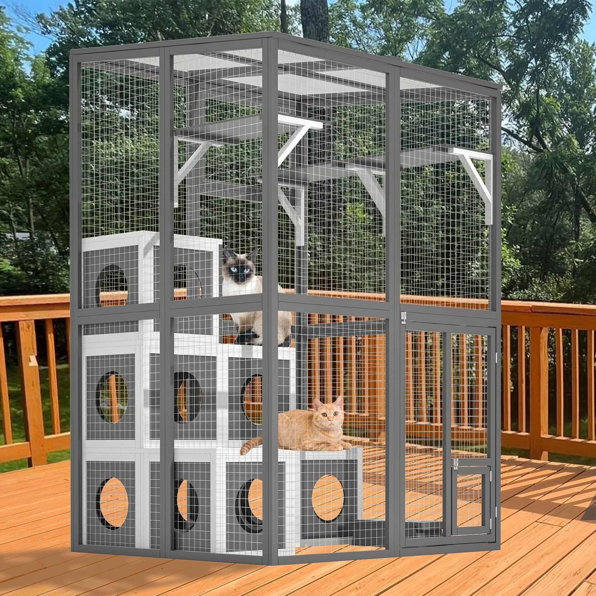 KFX-9430333 Large Outdoor Wooden Cat Catio with Dual Jumping Platforms and Multiple Napping Houses, Weatherproof Walk-in Cat Shelter