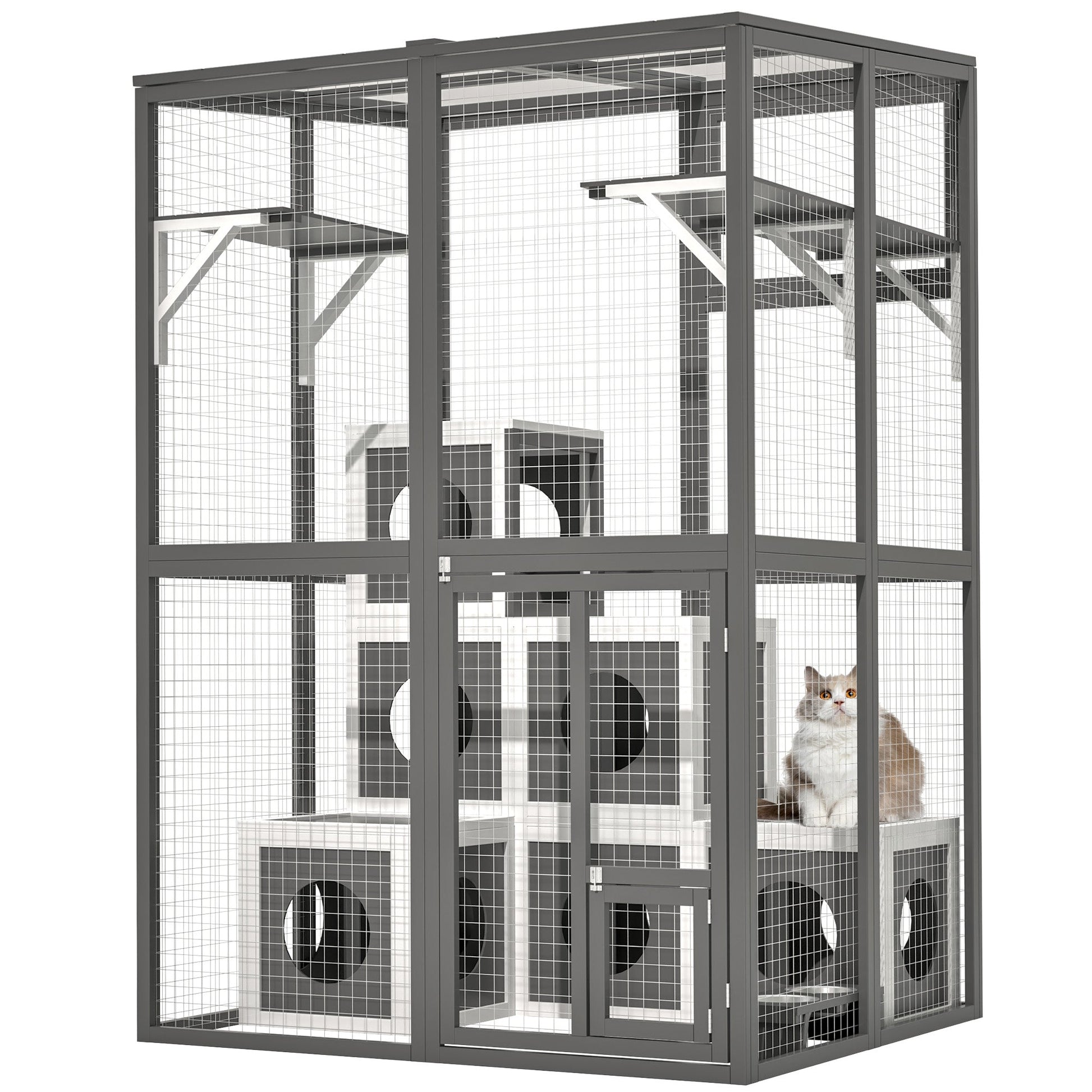 KFX-9430333 Large Outdoor Wooden Cat Catio with Dual Jumping Platforms and Multiple Napping Houses, Weatherproof Walk-in Cat Shelter