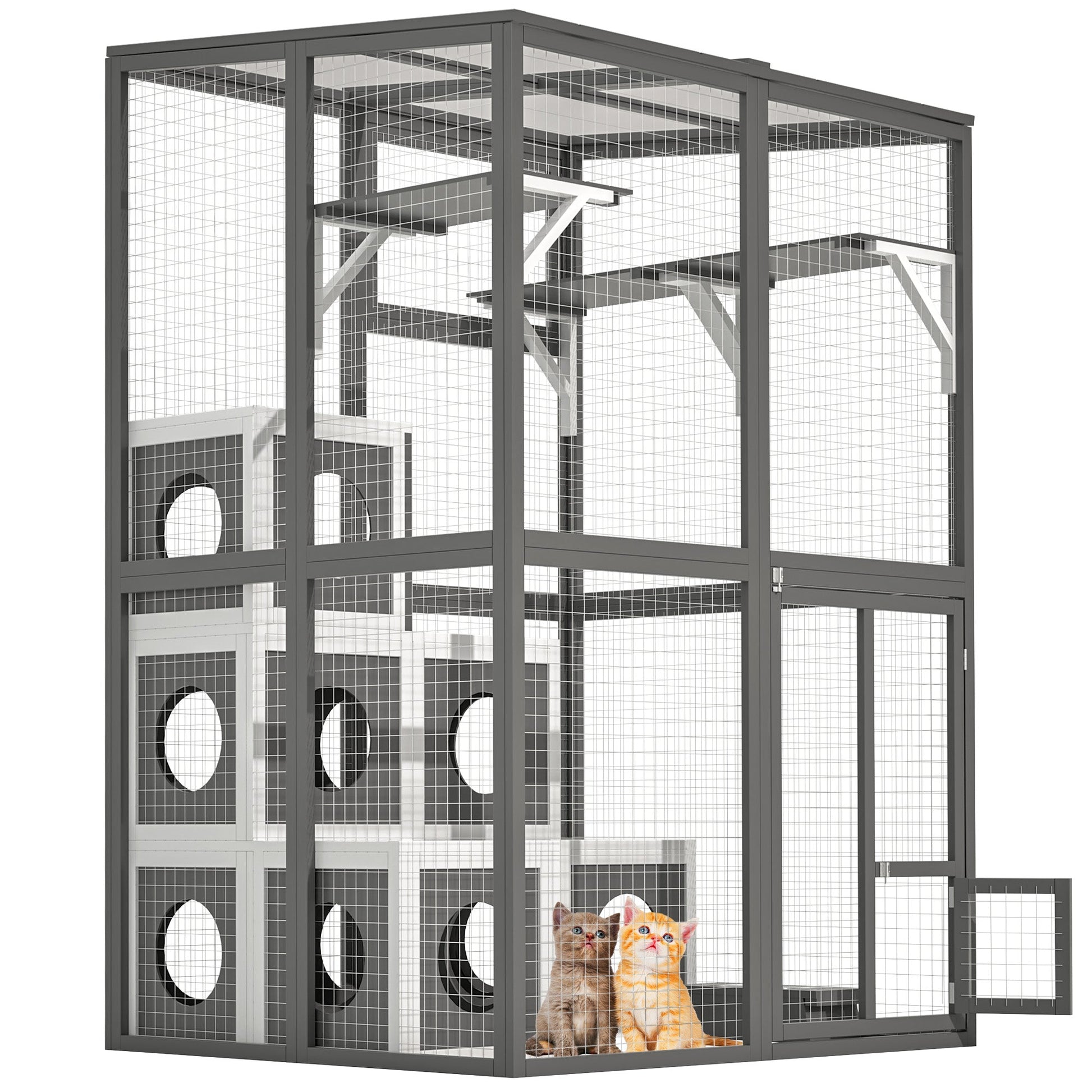 KFX-9430333 Large Outdoor Wooden Cat Catio with Dual Jumping Platforms and Multiple Napping Houses, Weatherproof Walk-in Cat Shelter