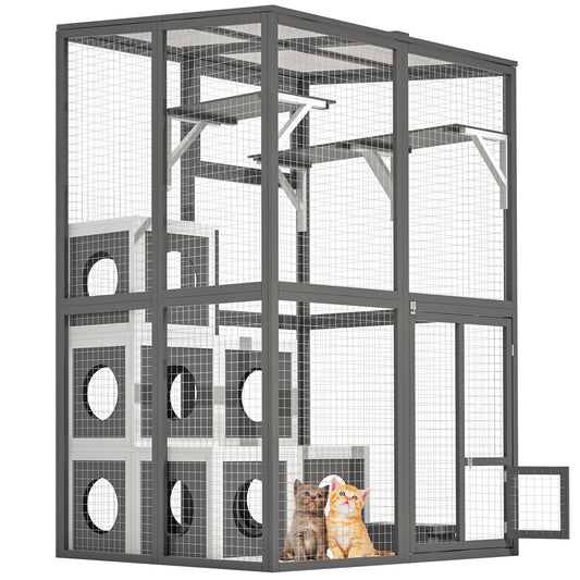 KFX-9430333 Large Outdoor Wooden Cat Catio with Dual Jumping Platforms and Multiple Napping Houses, Weatherproof Walk-in Cat Shelter