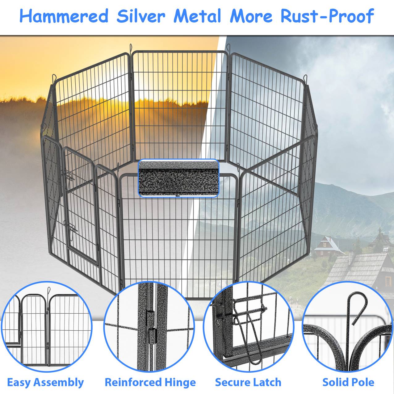 KFX-9434045 Outdoor Dog Playpen for Large and Medium Pets - Heavy Duty Metal Dog Fence with Secure Design